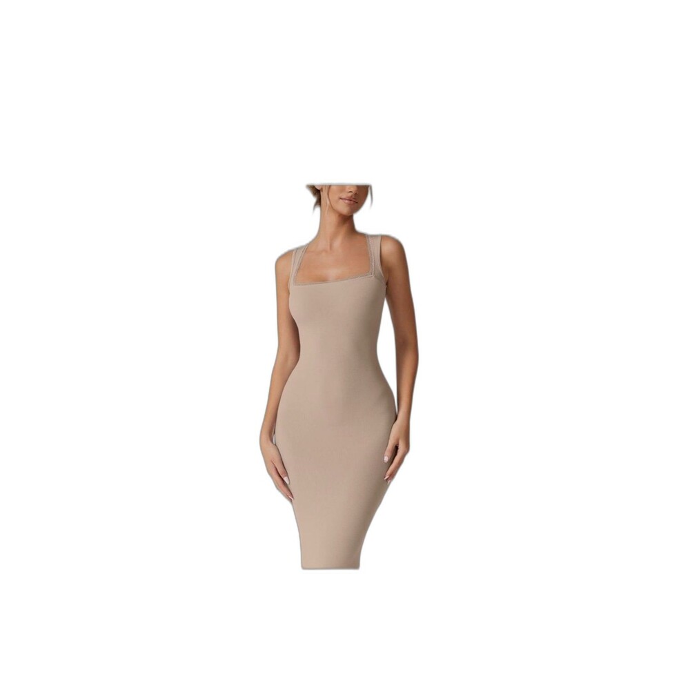 NWT Quinsen Womens long flowy figure- hugging maxi dress in neutral beige size M - Picture 6 of 12
